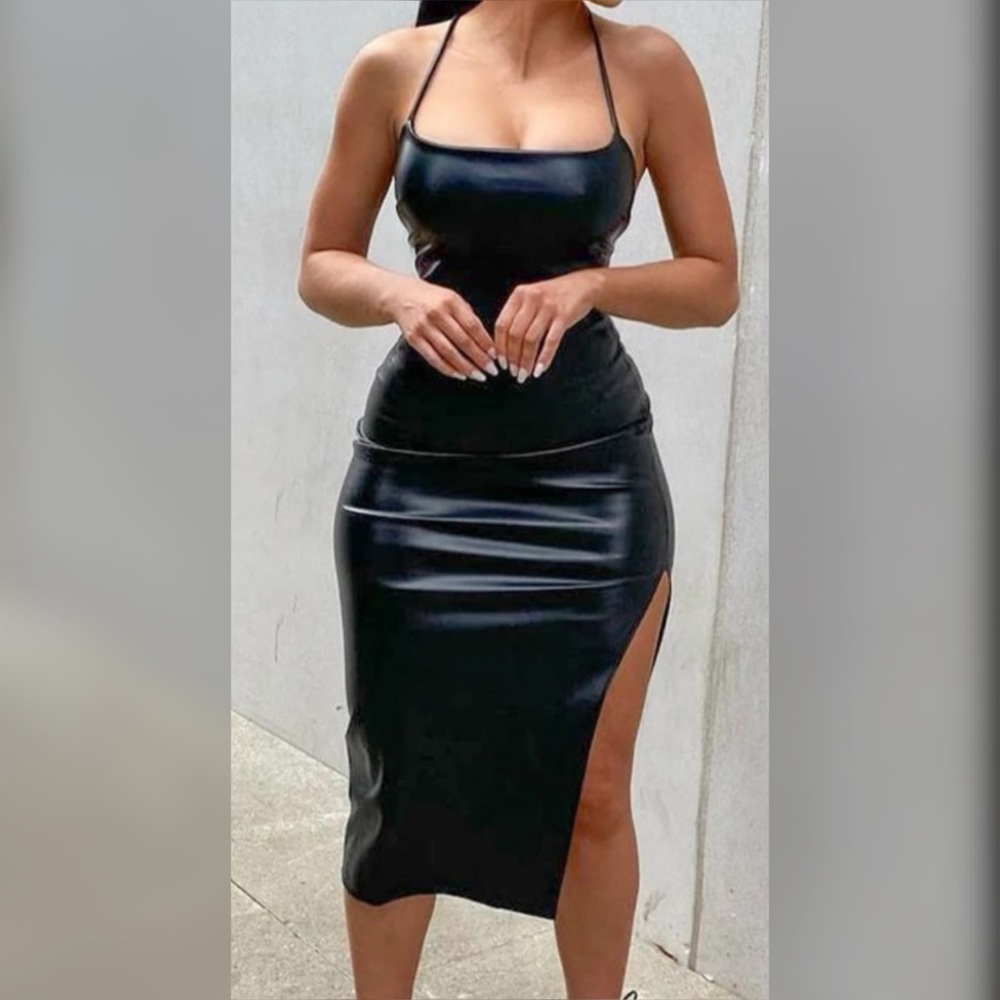 Cross cross back pu leather dress
